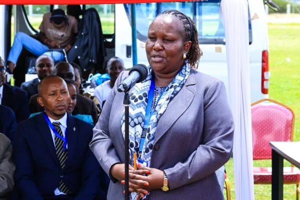 Machakos Governor Wavinya Ndeti with Members of her Executive Committee during the launch of the new Valuation Roll outside her office on April 9,2026. Photo/Stephen Muthini.
