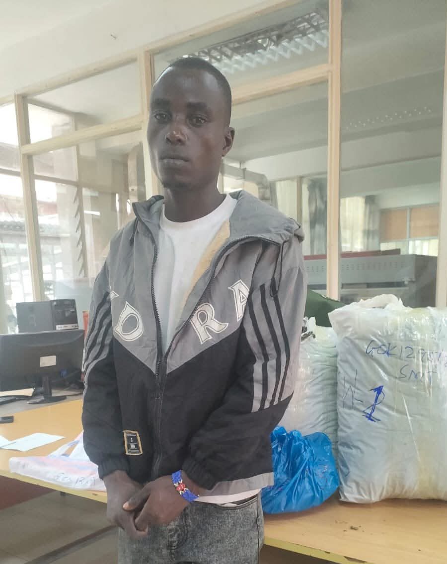 Suspect Caleb Wanyonyi Mukwenyi alias “Jay” after his arrest by DCI detectives in Nairobi following the recovery of 29 kilogrammes of cannabis valued at approximately Sh870,000 during an anti-narcotics operation along Waiyaki Way