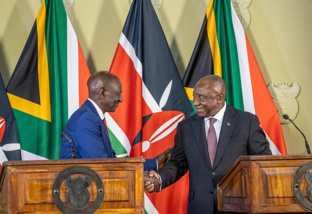 President William Ruto and South African President Cyril Ramaphosa after witnessing the signing of six new agreements.