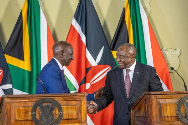 President William Ruto and South African President Cyril Ramaphosa after witnessing the signing of six new agreements.
