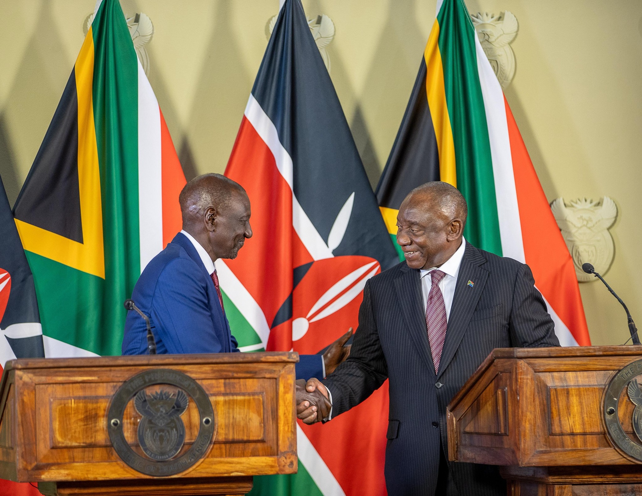 President William Ruto and South African President Cyril Ramaphosa after witnessing the signing of six new agreements.